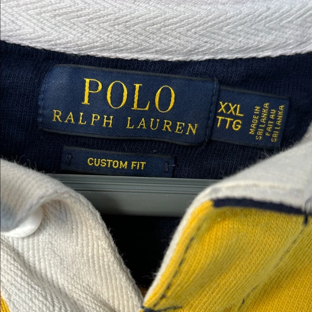 Vintage Ralph Lauren Men's Navy and Yellow Striped Shirt - Picture 2 of 9